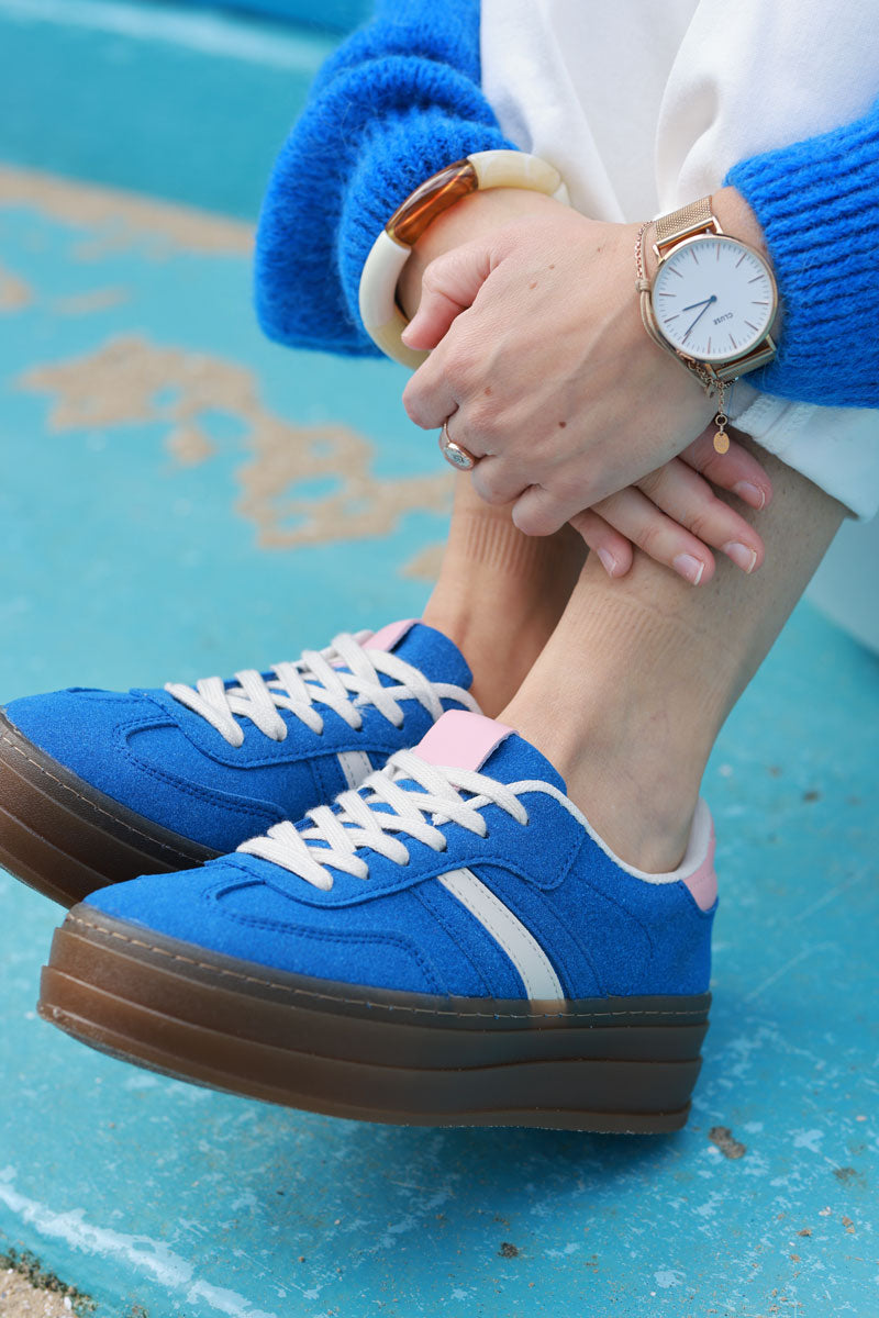 Royal Blue, Beige and Pink Sueded Striped Sport Trainers