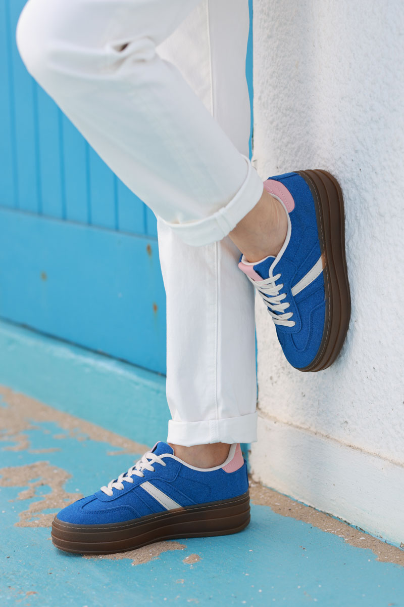 Royal Blue, Beige and Pink Sueded Striped Sport Sneakers