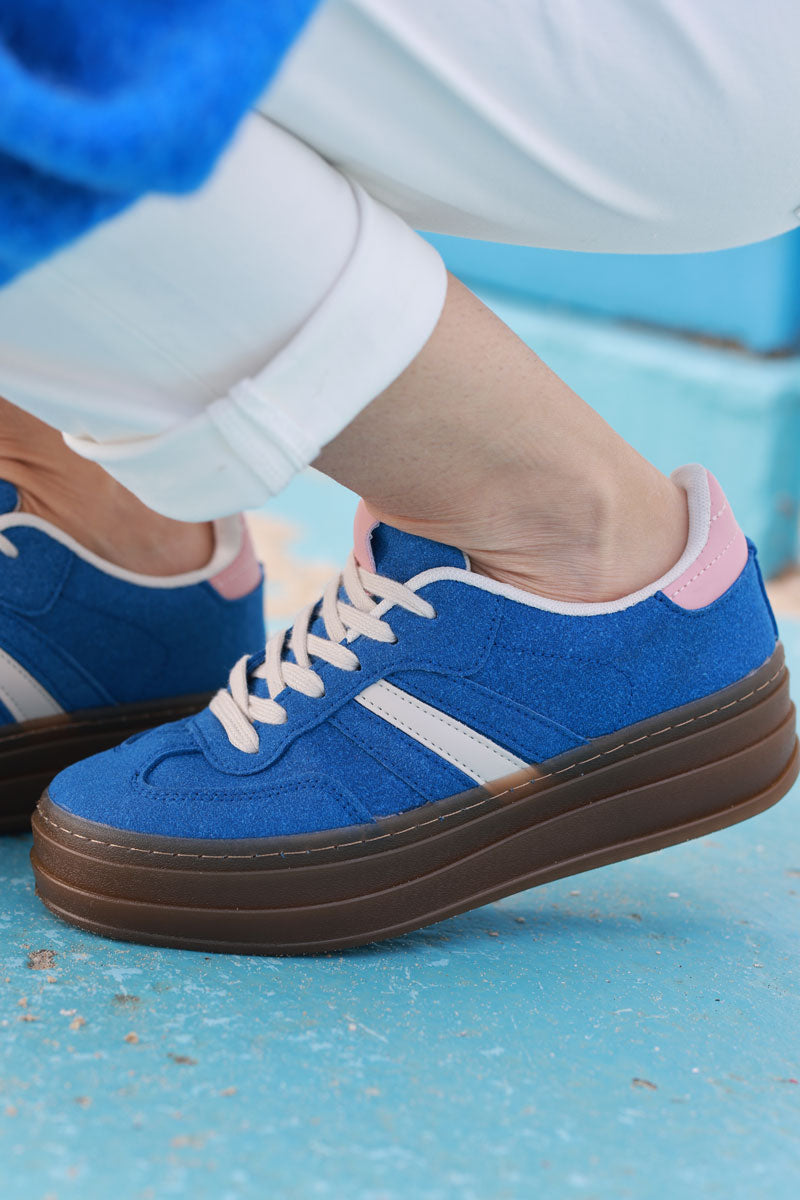 Royal Blue, Beige and Pink Sueded Striped Sport Sneakers