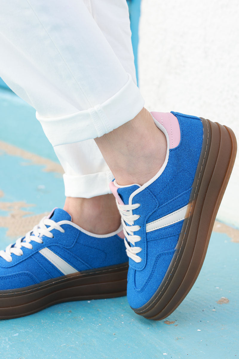 Royal Blue, Beige and Pink Sueded Striped Sport Trainers