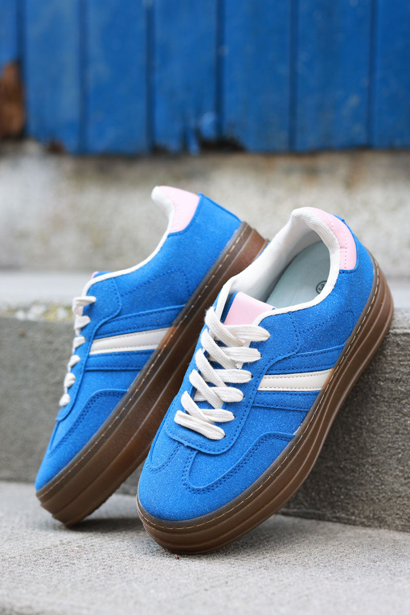 Royal Blue, Beige and Pink Sueded Striped Sport Trainers