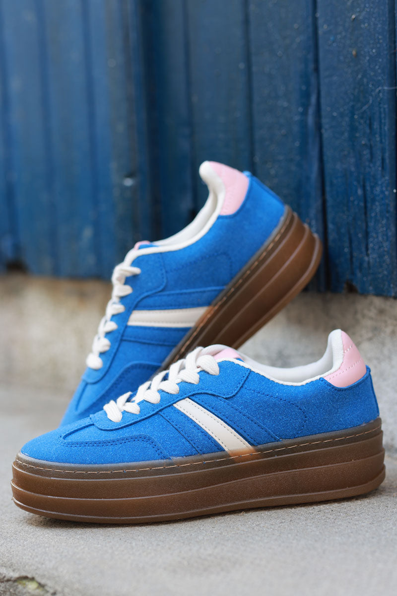 Royal Blue, Beige and Pink Sueded Striped Sport Trainers