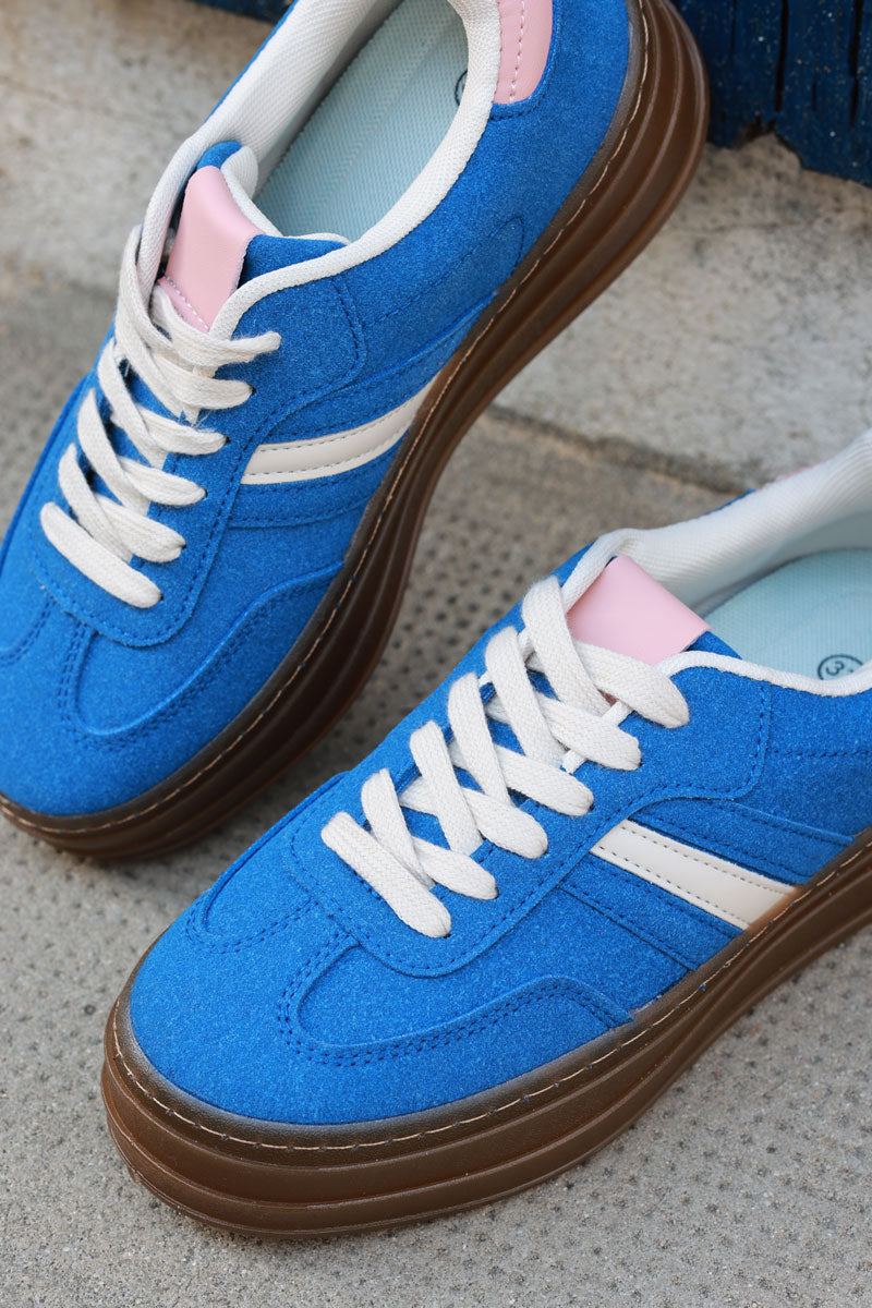 Royal Blue, Beige and Pink Sueded Striped Sport Trainers