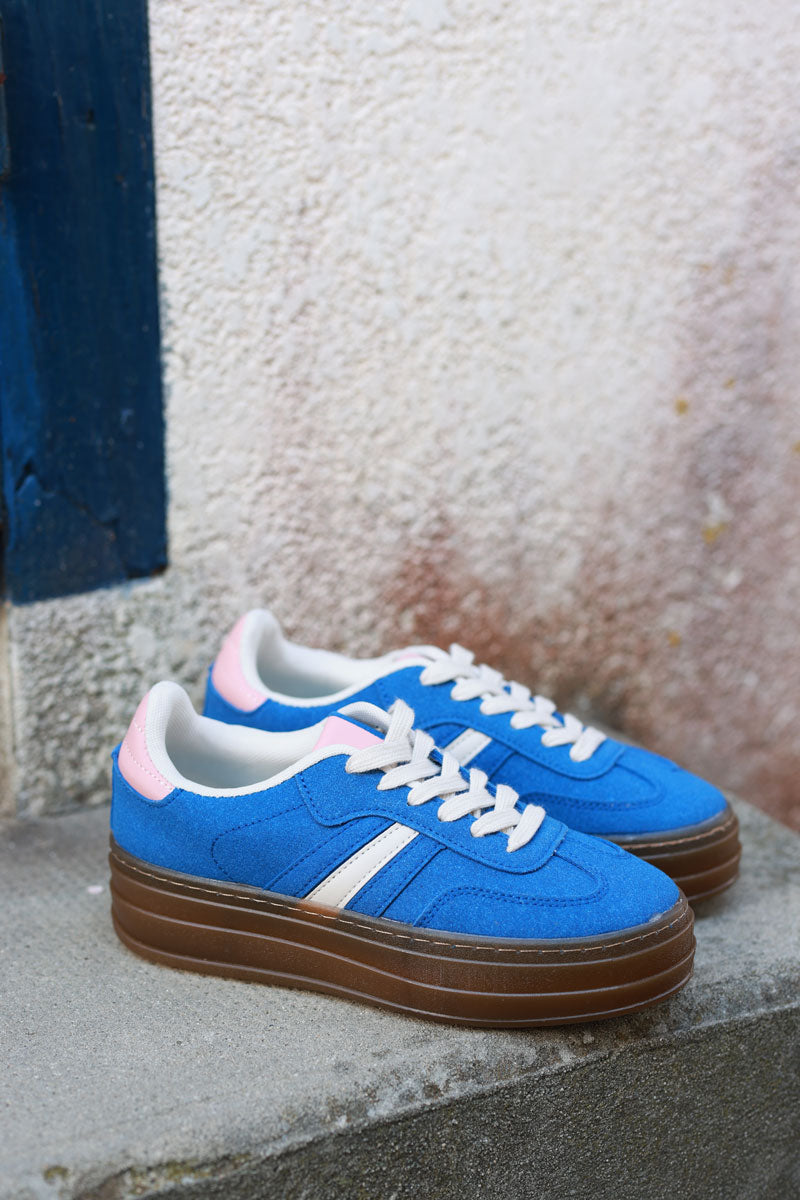 Royal Blue, Beige and Pink Sueded Striped Sport Trainers