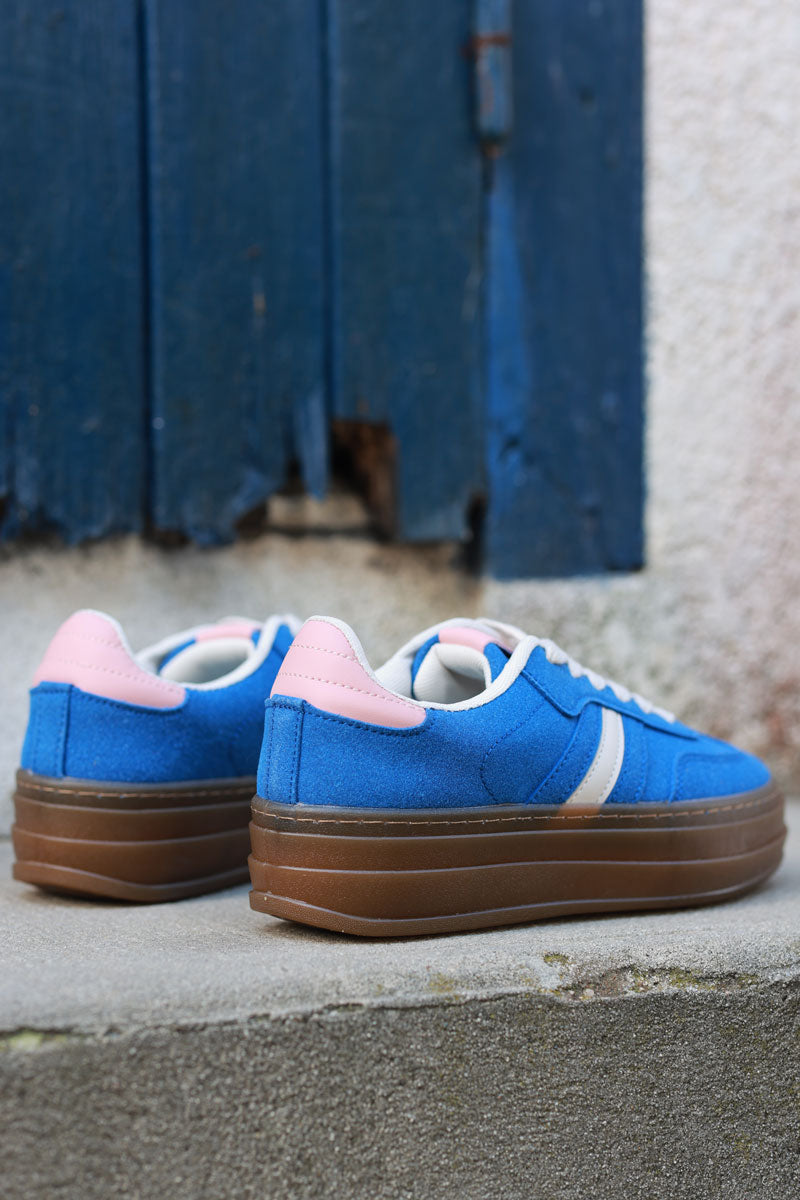 Royal Blue, Beige and Pink Sueded Striped Sport Trainers