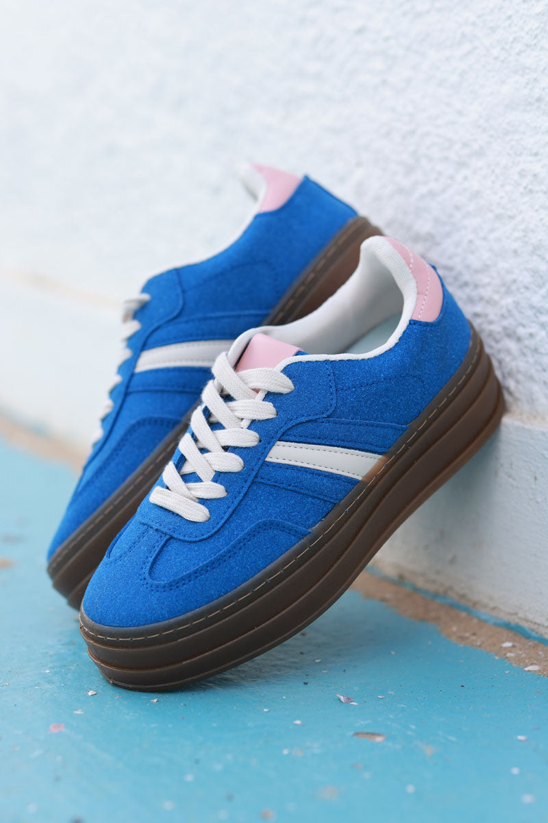 Royal Blue, Beige and Pink Sueded Striped Sport Trainers