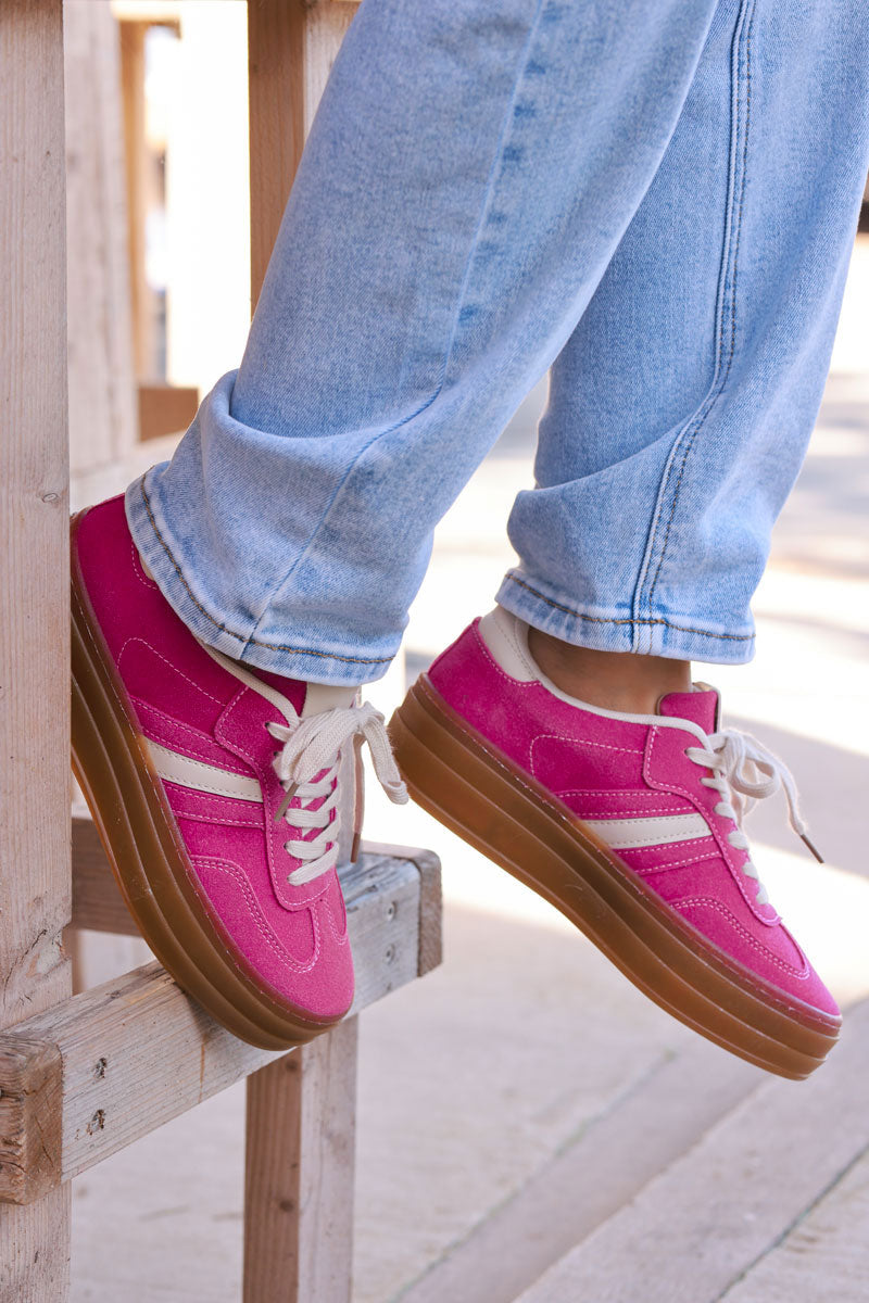 Fuchsia and white Sueded Striped Sport Sneakers