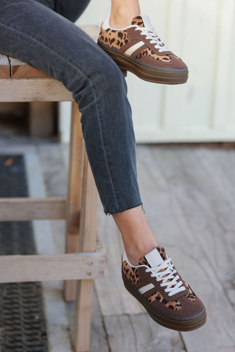 Brown and Leopard Sueded Striped Sport Sneakers