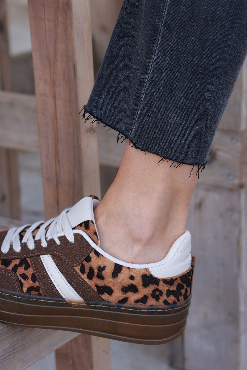 Brown and Leopard Sueded Striped Sport Sneakers