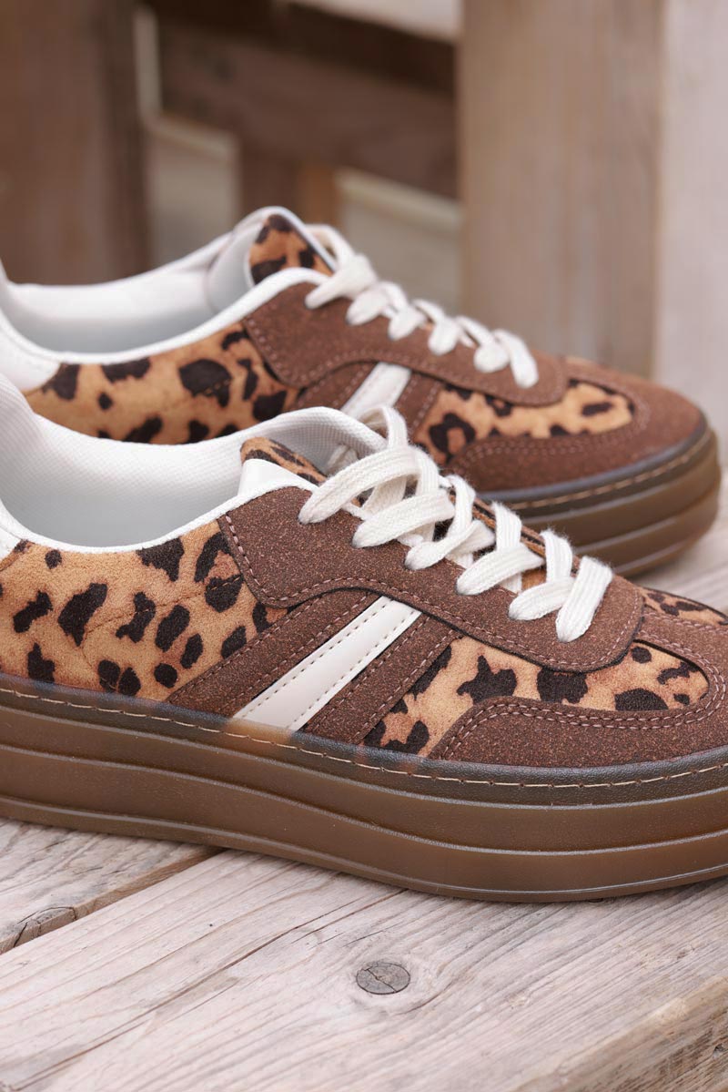 Brown and Leopard Sueded Striped Sport Sneakers