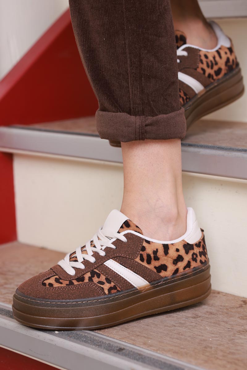 Brown and Leopard Sueded Striped Sport Sneakers