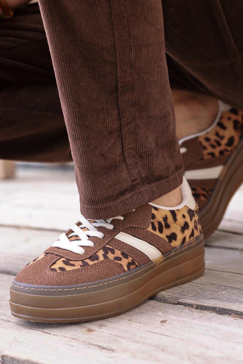 Brown and Leopard Sueded Striped Sport Sneakers