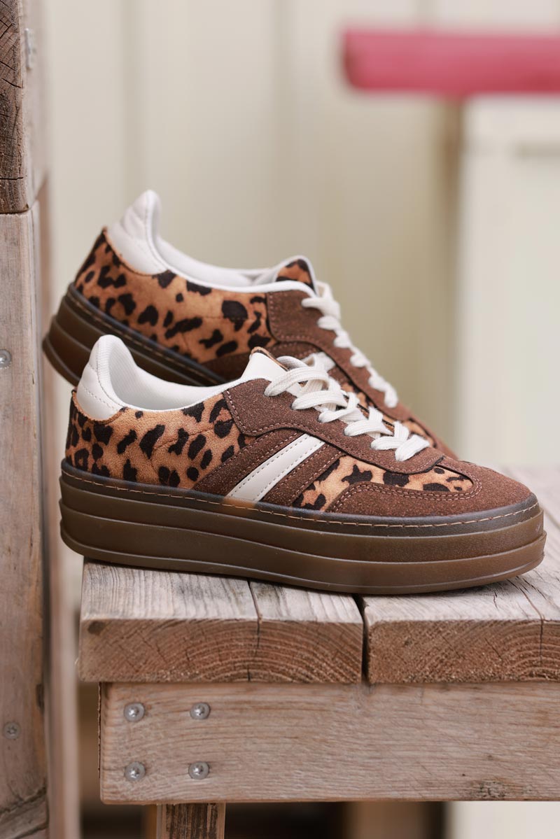 Brown and Leopard Sueded Striped Sport Sneakers