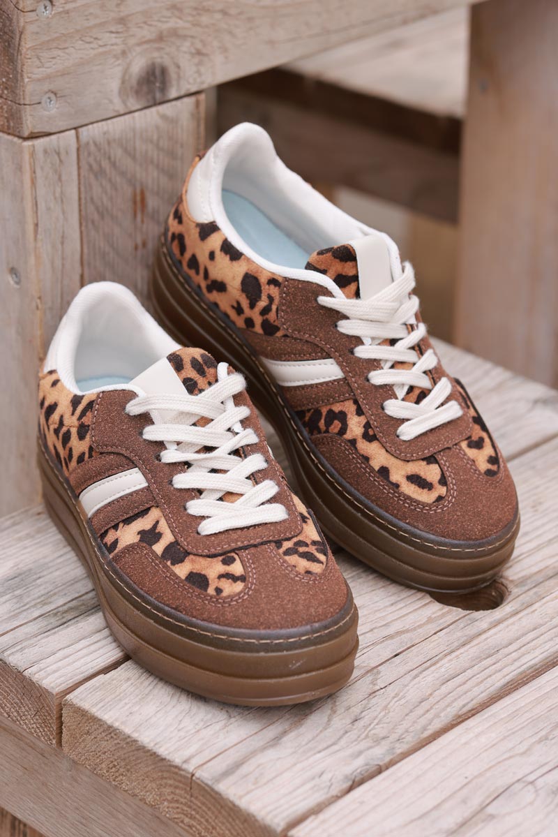 Brown and Leopard Sueded Striped Sport Sneakers