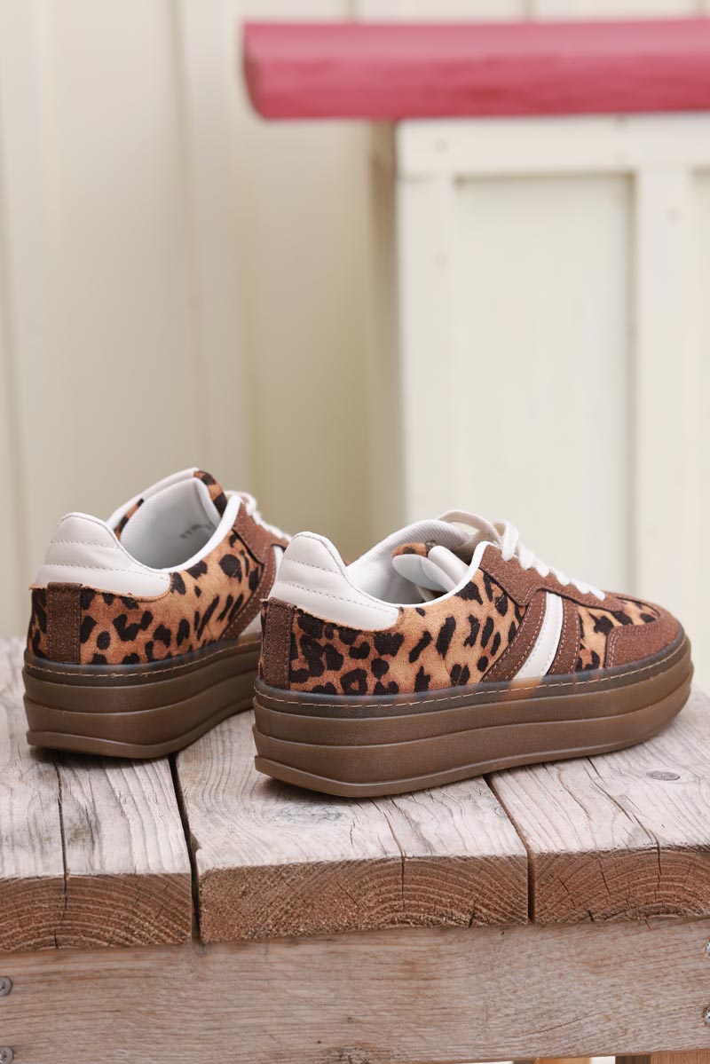 Brown and Leopard Sueded Striped Sport Sneakers