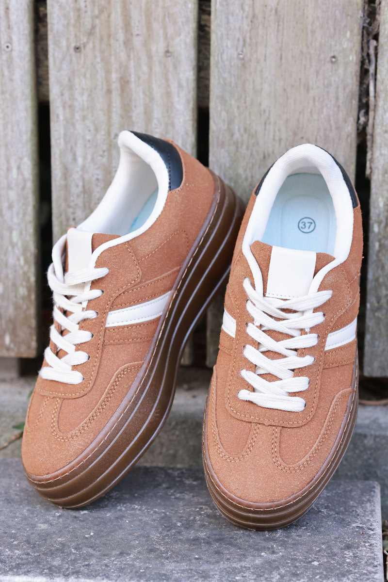 Camel and Beige Sueded Striped Sport Trainers