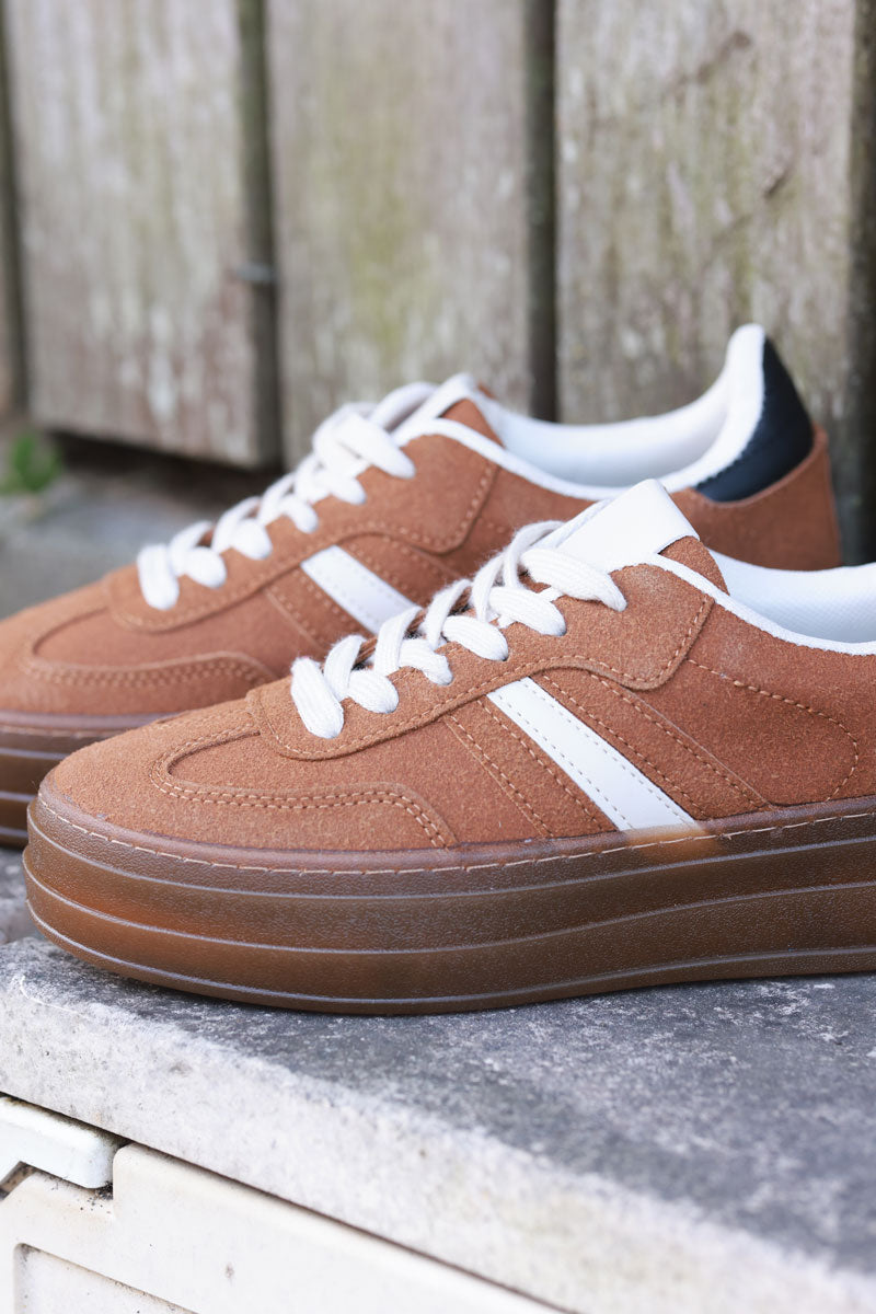 Camel and Beige Sueded Striped Sport Trainers