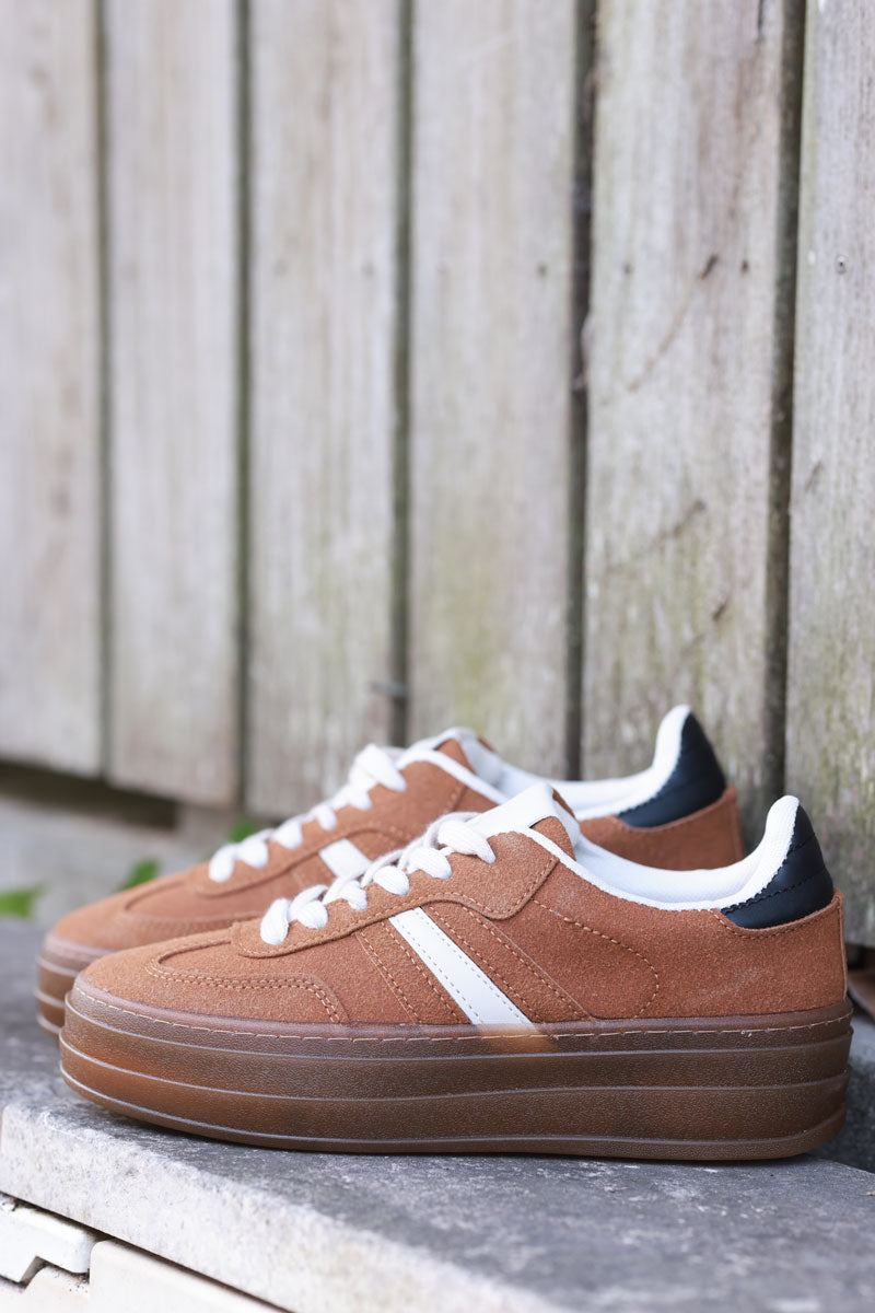 Camel and Beige Sueded Striped Sport Trainers