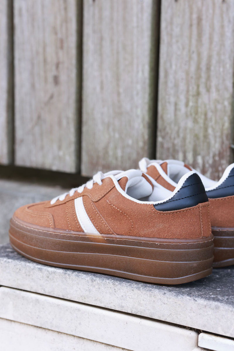 Camel and Beige Sueded Striped Sport Trainers