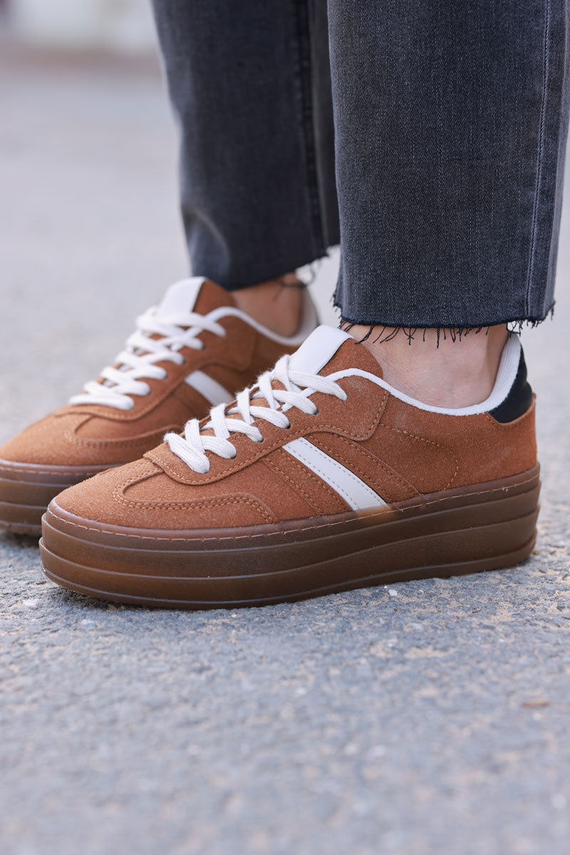 Camel and Beige Sueded Striped Sport Trainers