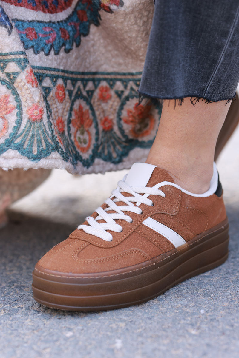 Camel and Beige Sueded Striped Sport Trainers