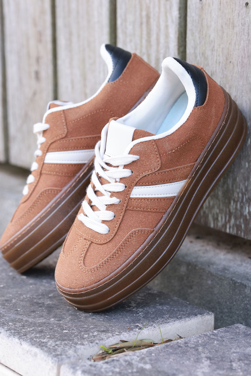 Camel and Beige Sueded Striped Sport Trainers