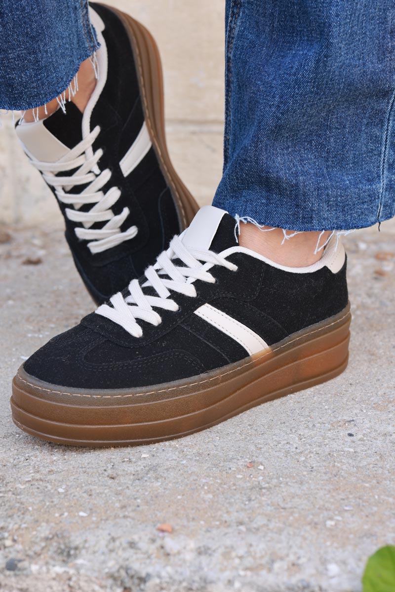 Black and Beige Sueded Striped Sport Sneakers