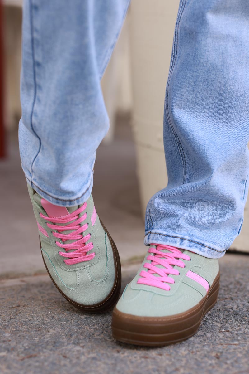 Celadon Green and Pink Sueded Striped Sport Sneakers