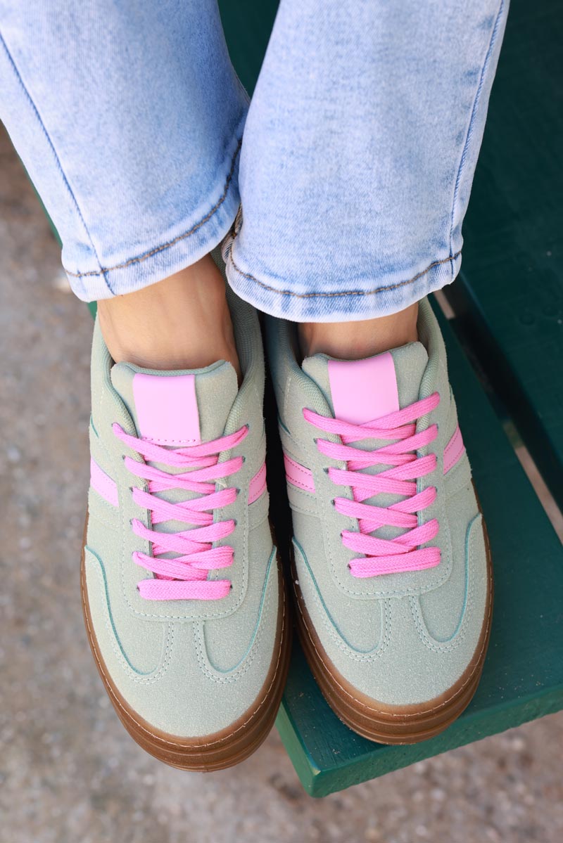 Celadon Green and Pink Sueded Striped Sport Sneakers