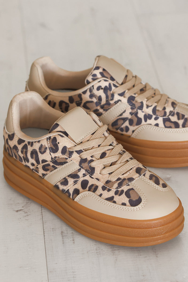 Leopard and Beige Stripe Vintage Sueded Sneakers