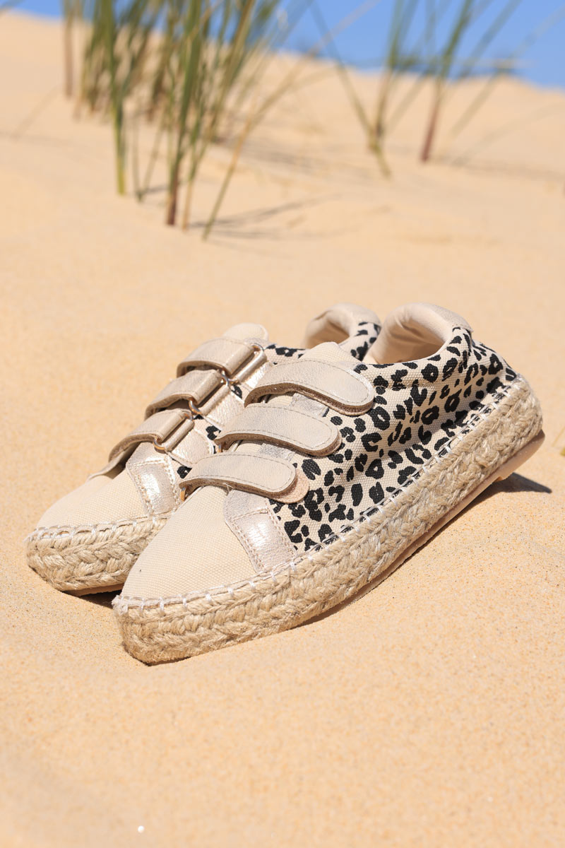 Zapatillas suaves con velcro en tejido de leopardo, suela de plataforma de cuerda