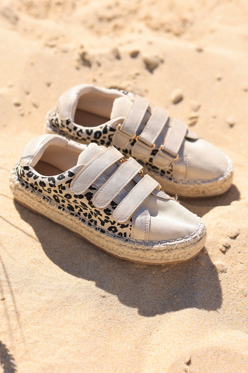 Leo print espadrille style trainers with platform sole and vecro straps