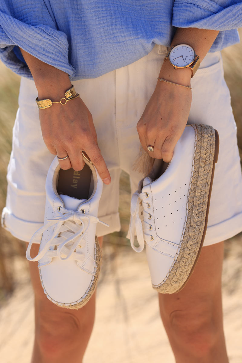 White espadrille style faux leather trainers with platform sole