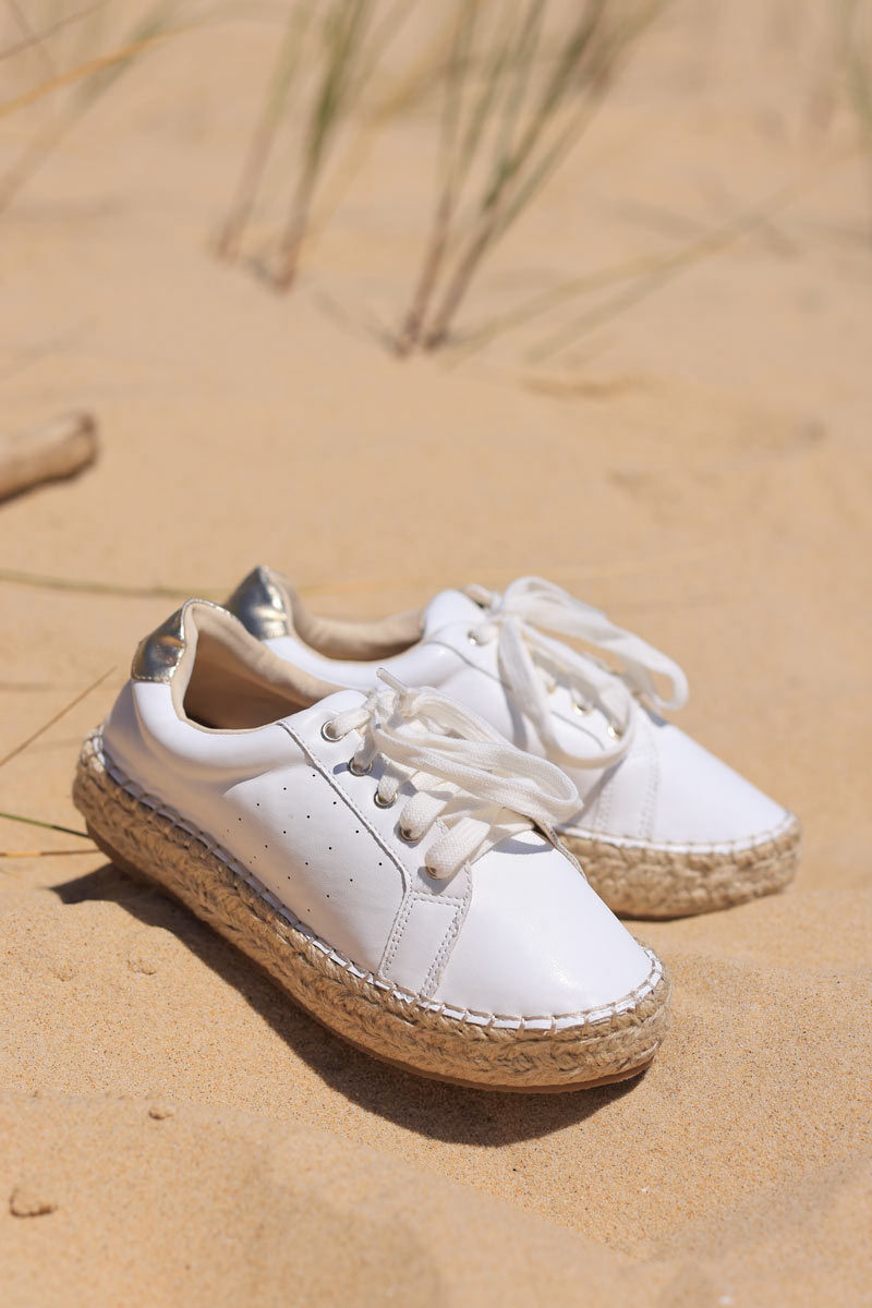 White espadrille style faux leather trainers with platform sole