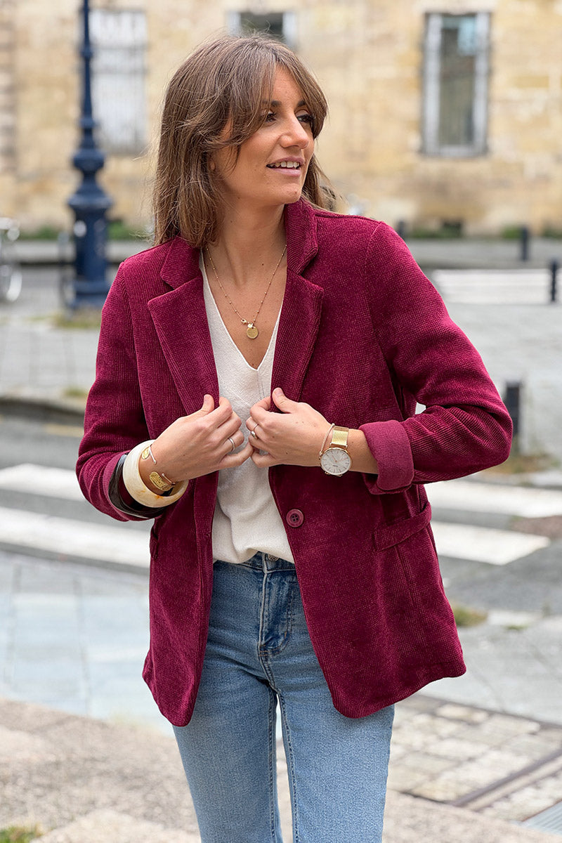 Burgundy corduroy tailored stretch blazer