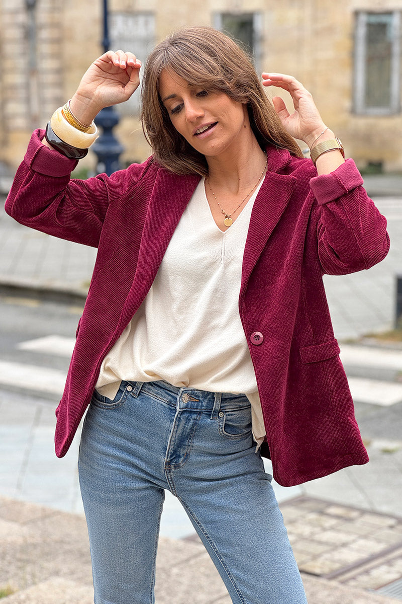 Burgundy corduroy tailored stretch blazer