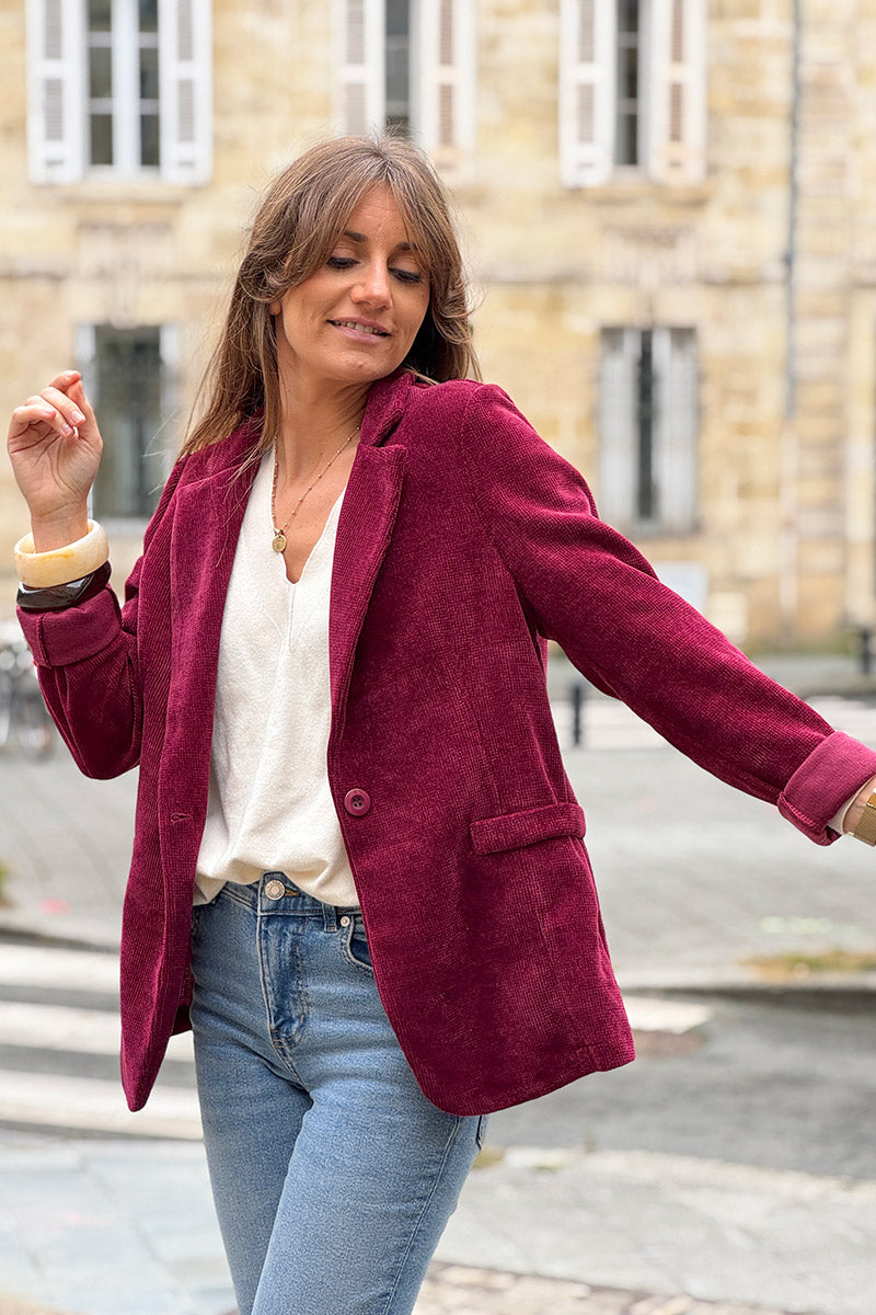 Burgundy corduroy tailored stretch blazer