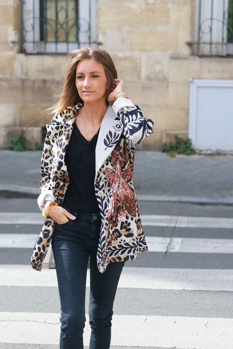 Blazer long imprimé léopard main et œil noir camel