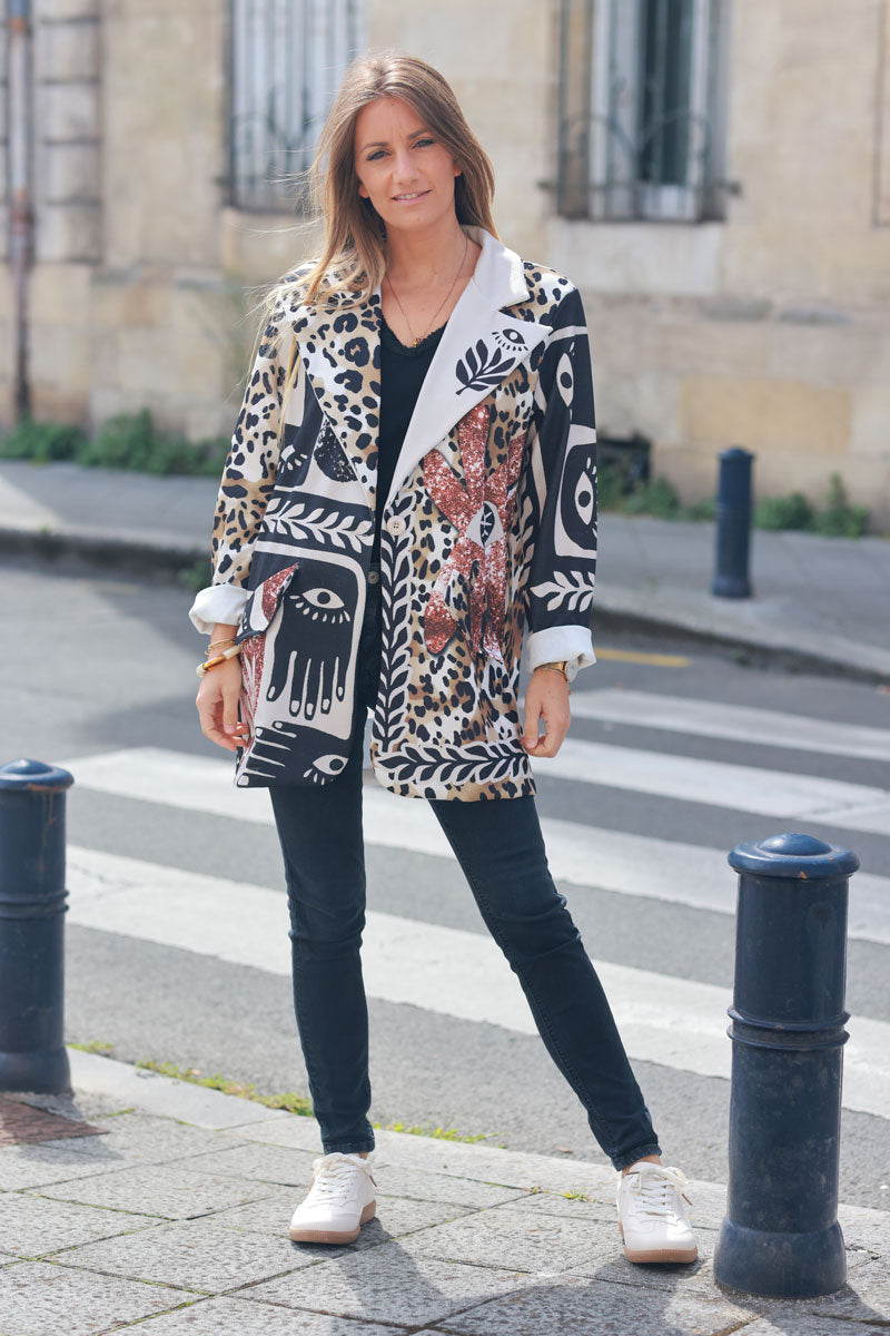 Camel and black long blazer with leopard print