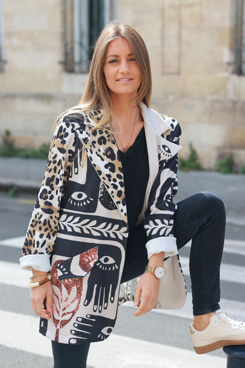 Camel and black long blazer with leopard print