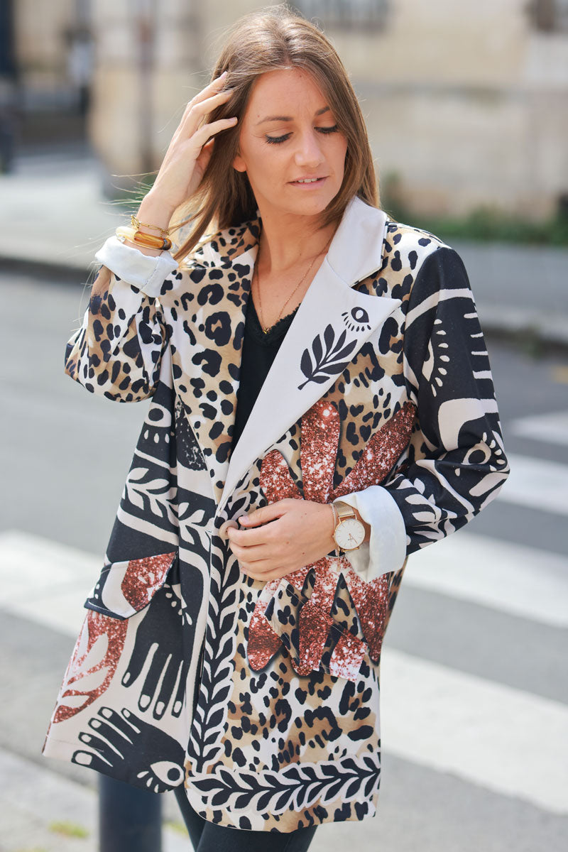 Camel and black long blazer with leopard print