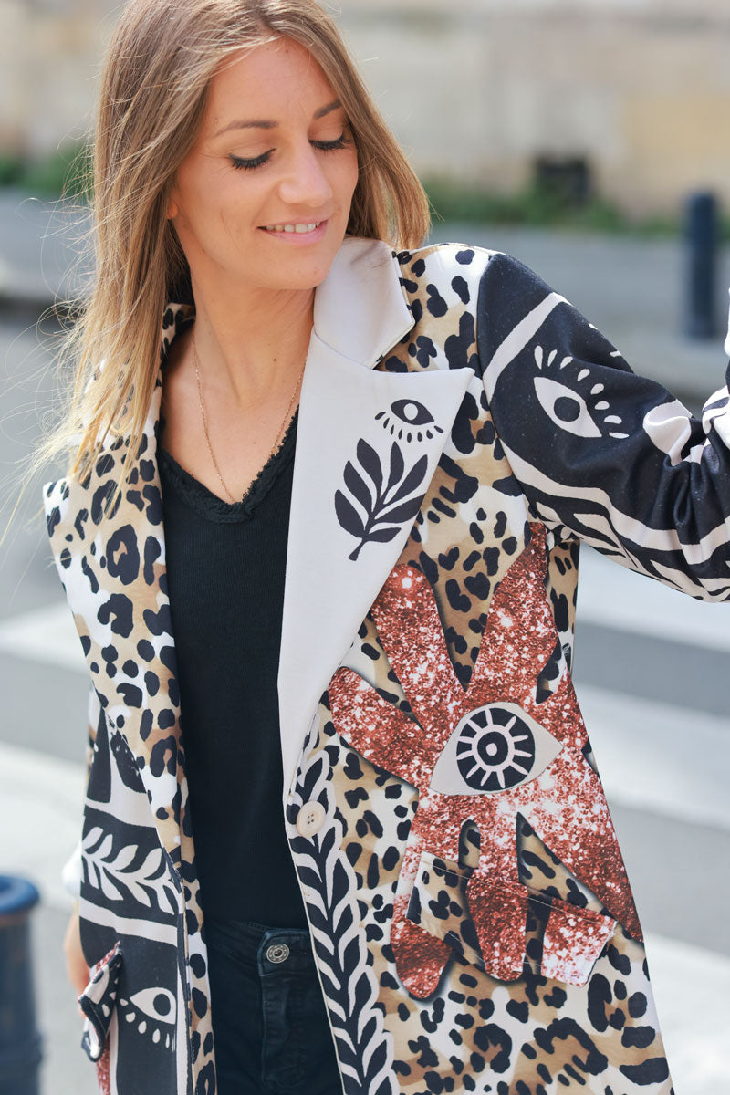 Camel and black long blazer with leopard print