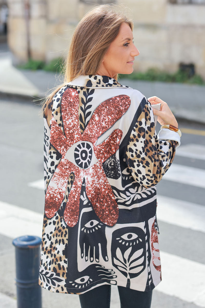 Camel and black long blazer with leopard print