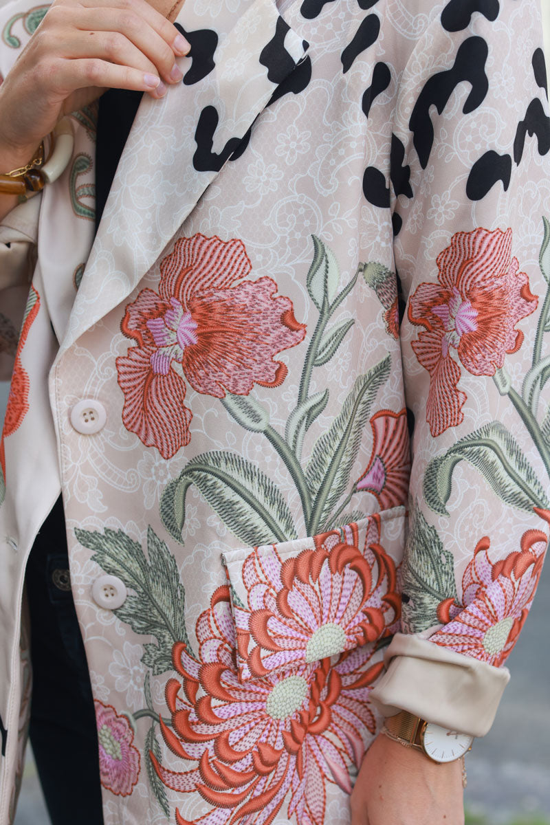 Loose fit beige blazer with leopard print and large orange flowers