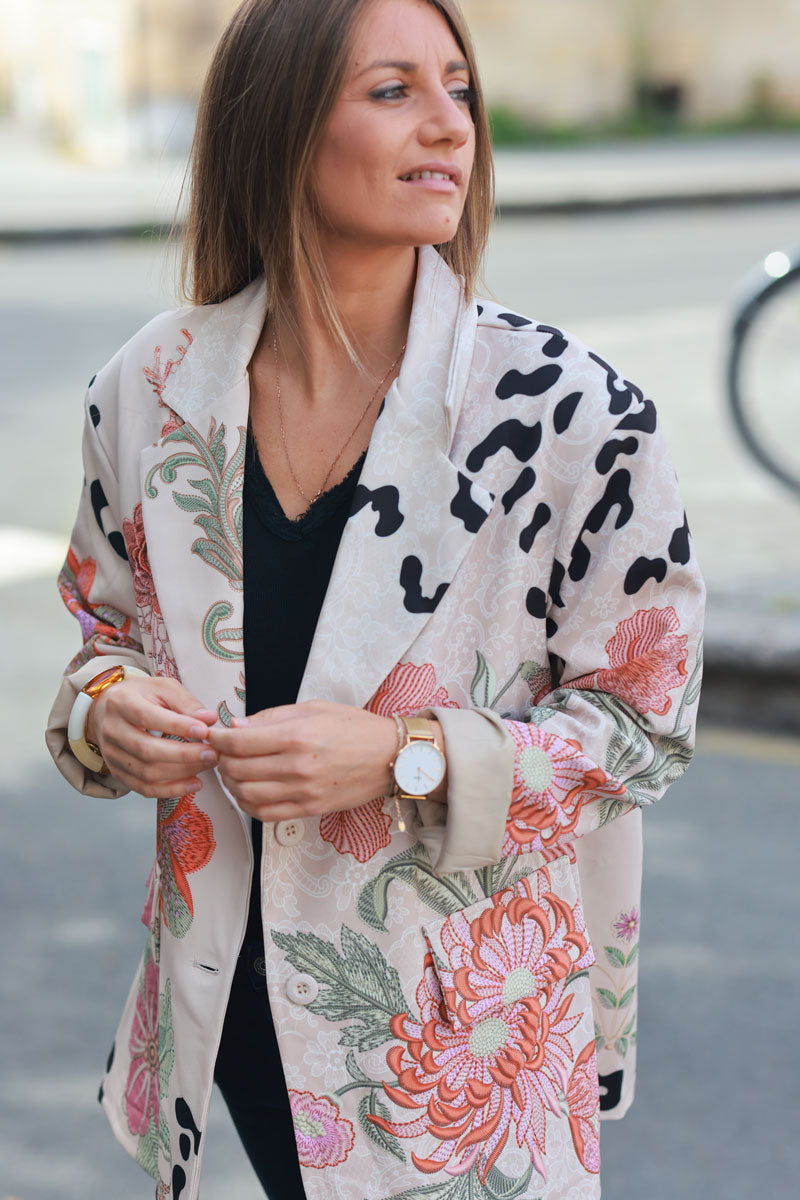 Loose fit beige blazer with leopard print and large orange flowers