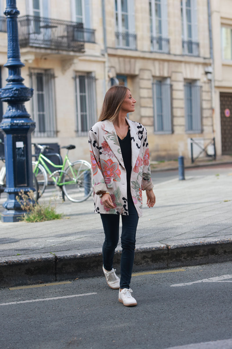 Blazer veste loose beige imprimé léopard et grandes fleurs orangés