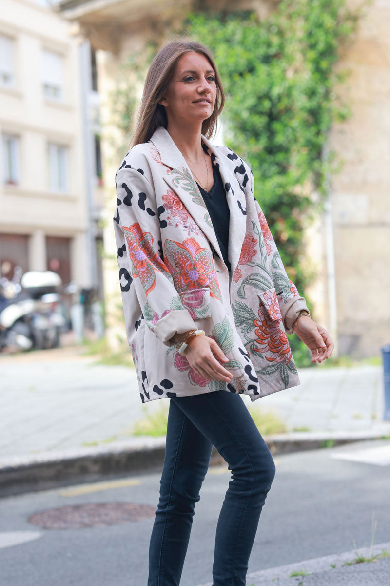 Blazer veste loose beige imprimé léopard et grandes fleurs orangés