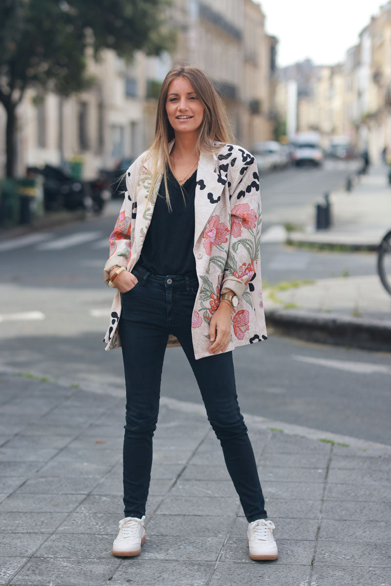 Loose fit beige blazer with leopard print and large orange flowers