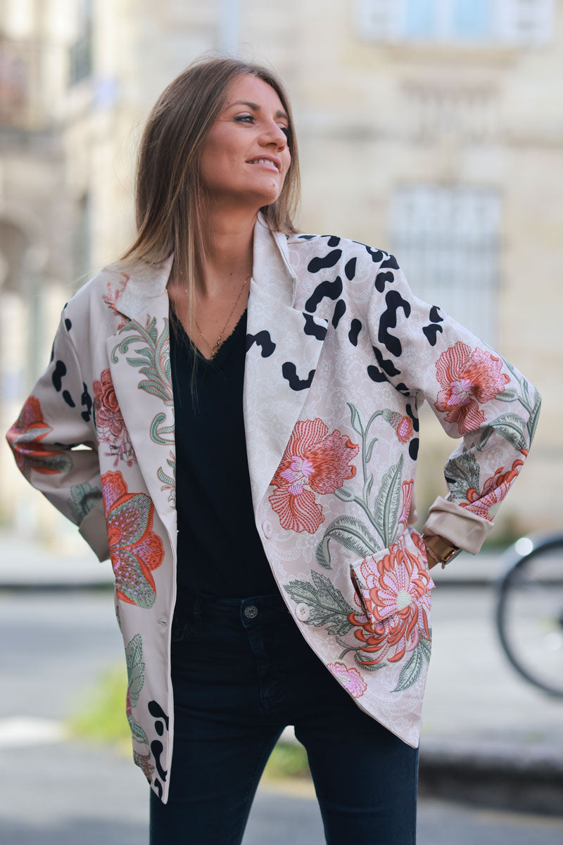 Loose fit beige blazer with leopard print and large orange flowers