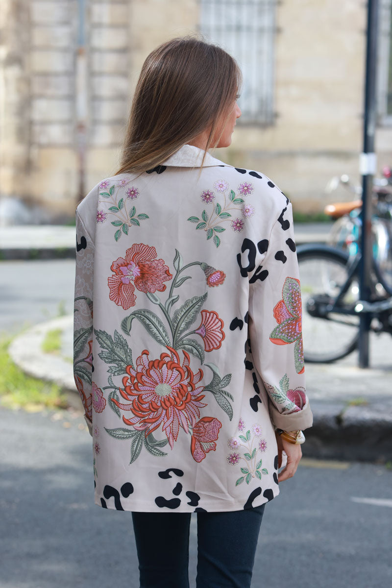 Blazer veste loose beige imprimé léopard et grandes fleurs orangés